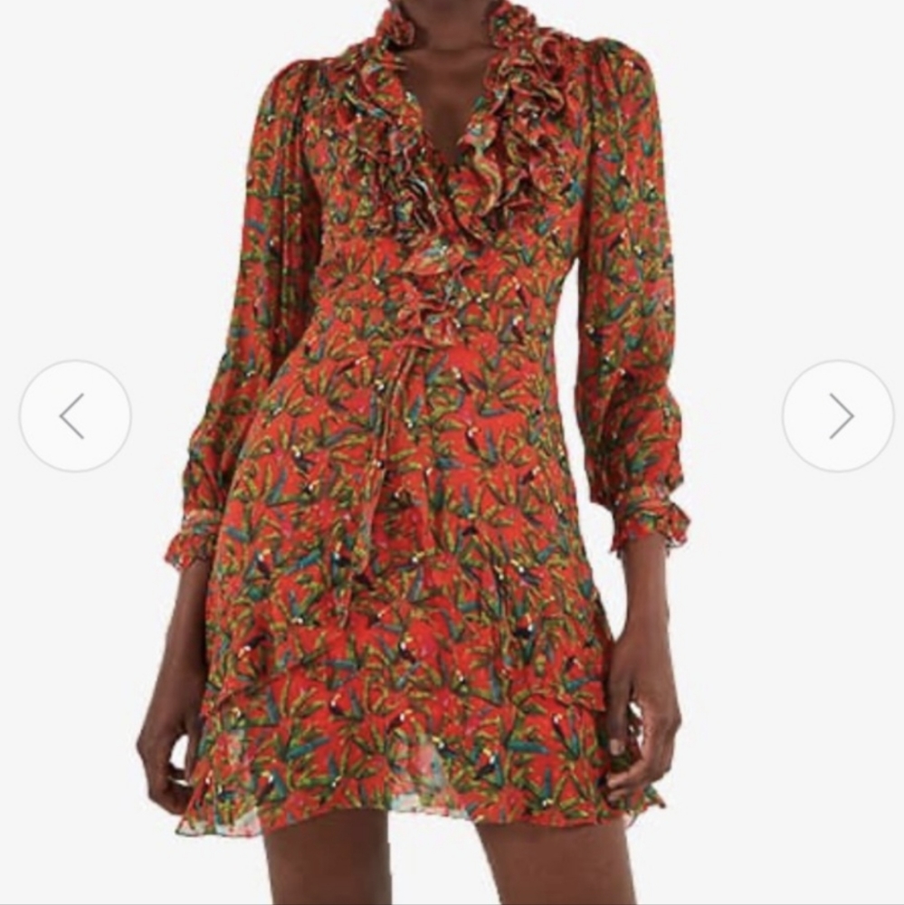 $20 CLEARANCE FARM Rio Tucano Paradise Long Sleeve Dress Red Viscose Size Small